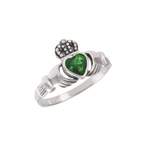 Sterling Silver Claddagh Ring with Synthetic Emerald – Size 8